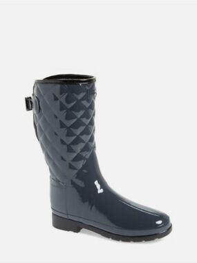 HUNTER- Refined High Gloss Quilted Short Waterproof Rain Boot Slate Size 9